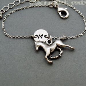 Running horse charm bracelet, horse, antique silver, initial bracelet, friendship, mothers, adjustable, monogram