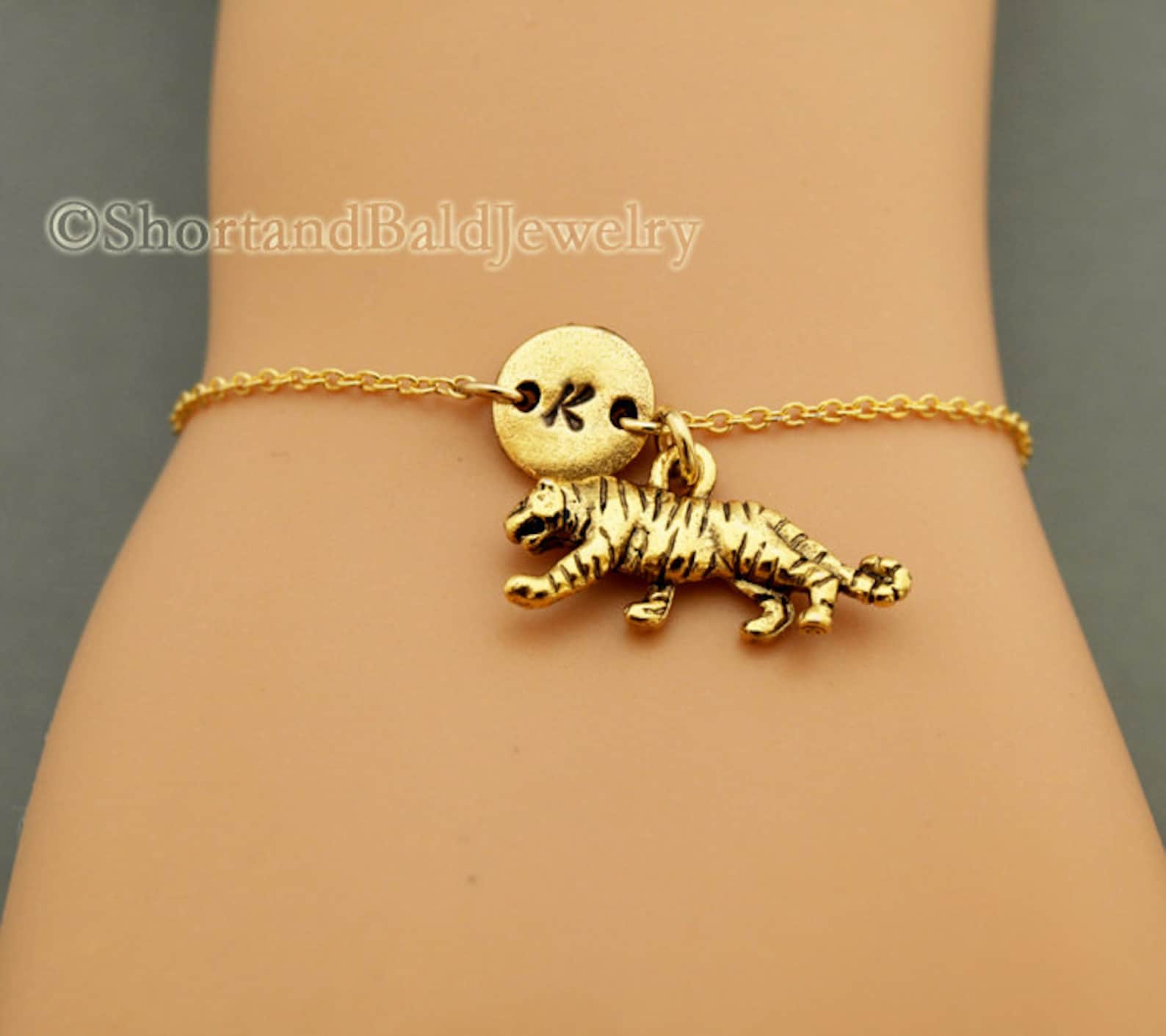 Tiger Charm Bracelet Antique Gold Initial Bracelet Etsy