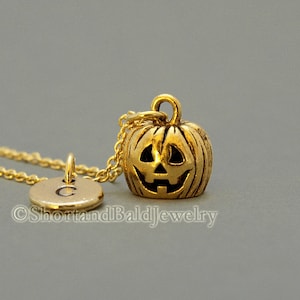 Jack-o'lantern charm, Halloween pumpkin necklace, antique gold, initial necklace, initial hand stamped, personalized, monogram image 1