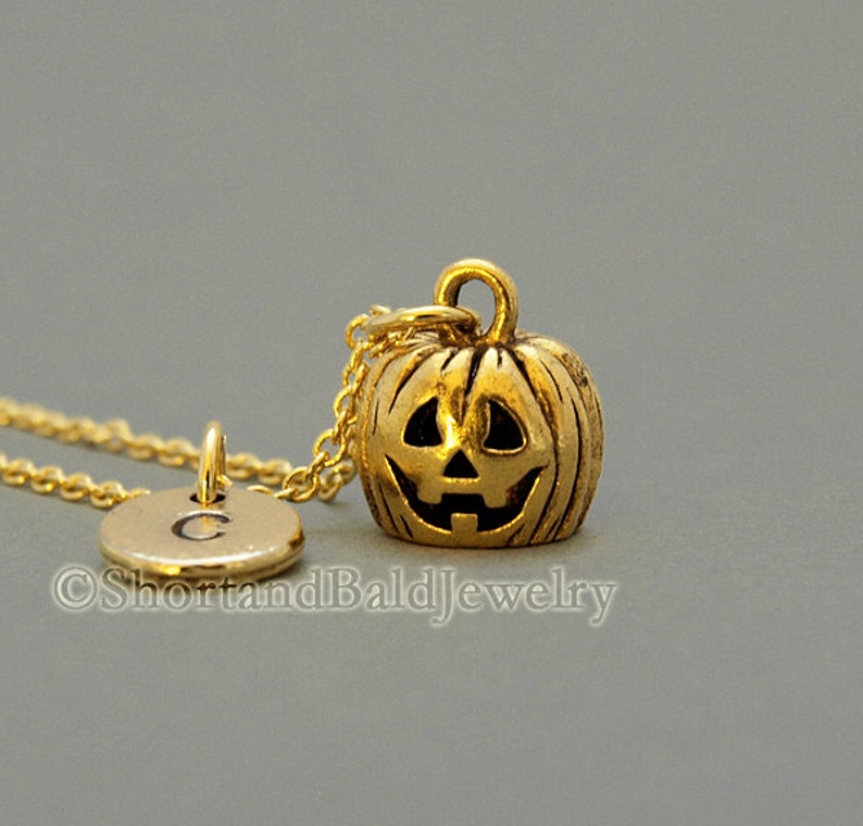 Jack-o'lantern charm, Halloween pumpkin necklace, antique gold, initial necklace, initial hand stamped, personalized, monogram image 1