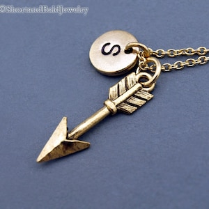 Arrow necklace, archery, gold arrow, Archer, arrowhead, small arrow, initial necklace, initial hand stamped, personalized, monogram