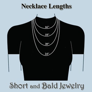May include: A diagram showing different necklace lengths on a black silhouette of a person. The lengths are 16 inches, 18 inches, 20 inches, and 24 inches. The text "Necklace Lengths" is at the top of the image and "Short and Bald Jewelry" is at the bottom.