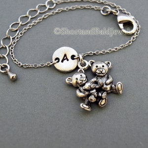Teddy bear family bracelet, three bears, antique silver, initial bracelet, friendship, mothers, adjustable, monogram