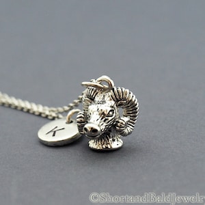 Ram Head necklace, Aries, initial necklace, initial hand stamped, personalized, antique silver, monogram