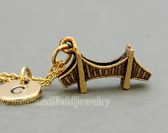 Golden Gate Bridge Necklace, San Francisco charm, antique gold, initial necklace, initial hand stamped, personalized, monogram