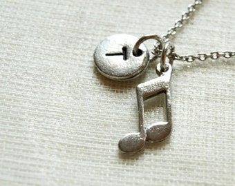 Music Note charm, music note necklace, eighth notes,  initial necklace, initial hand stamped, personalized, antique silver, monogram