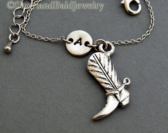 Cowboy boot charm bracelet, cowgirl boot, antique silver, initial bracelet, friendship, mothers, adjustable, monogram