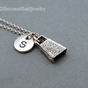 Cheese grater necklace, food grater, kitchen grater, silver grater, initial hand stamped, personalized, antique silver, monogram