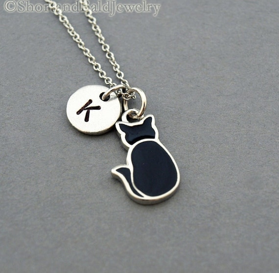Black Cat Necklace Black Cat Charm Initial Necklace Initial Etsy