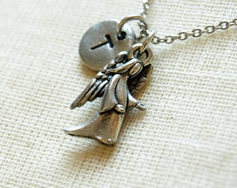 Angel Necklace, Angel charm, Silver angel charm, Angel wings, initial necklace, initial hand stamped, personalized, antique silver, monogram