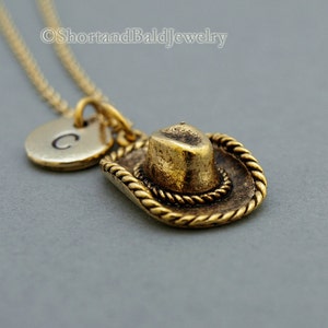 Cowboy hat necklace, cowgirl hat necklace, Antique Gold, initial necklace, initial hand stamped, personalized, monogram