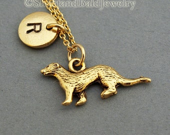 Ferret charm necklace, antique gold, initial necklace, initial hand stamped, personalized, monogram