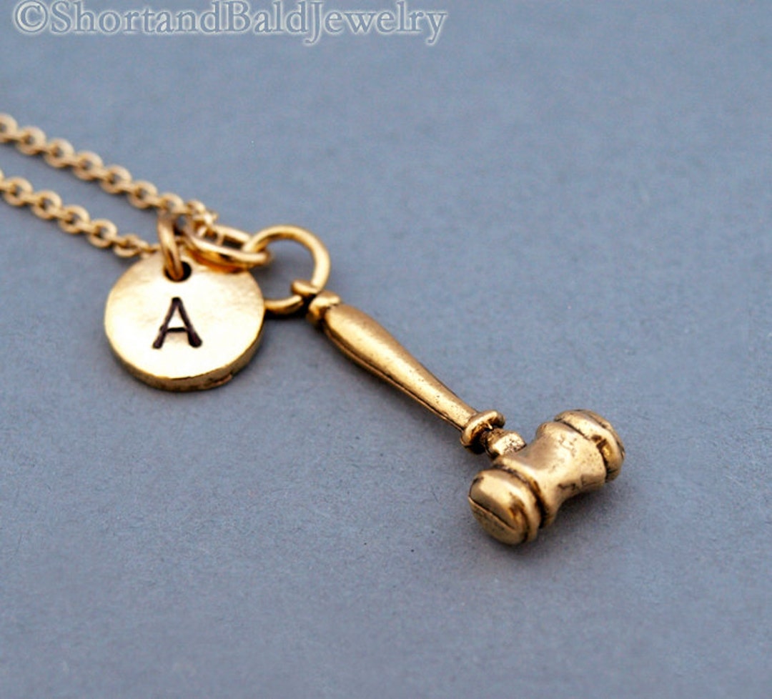Gavel Necklace Gavel Charm Gold Gavel Law Necklace Initial Etsy