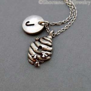 Beehive charm necklace, Honey bee, bumblee bee, antique silver, initial necklace, initial hand stamped, personalized, monogram