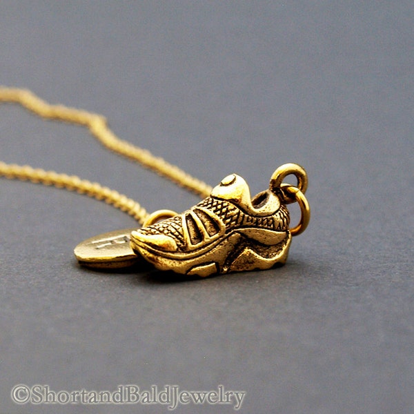 Sneaker necklace, Trainer, Athletic shoes, initial necklace, Antique gold, initial hand stamped, personalized, monogram