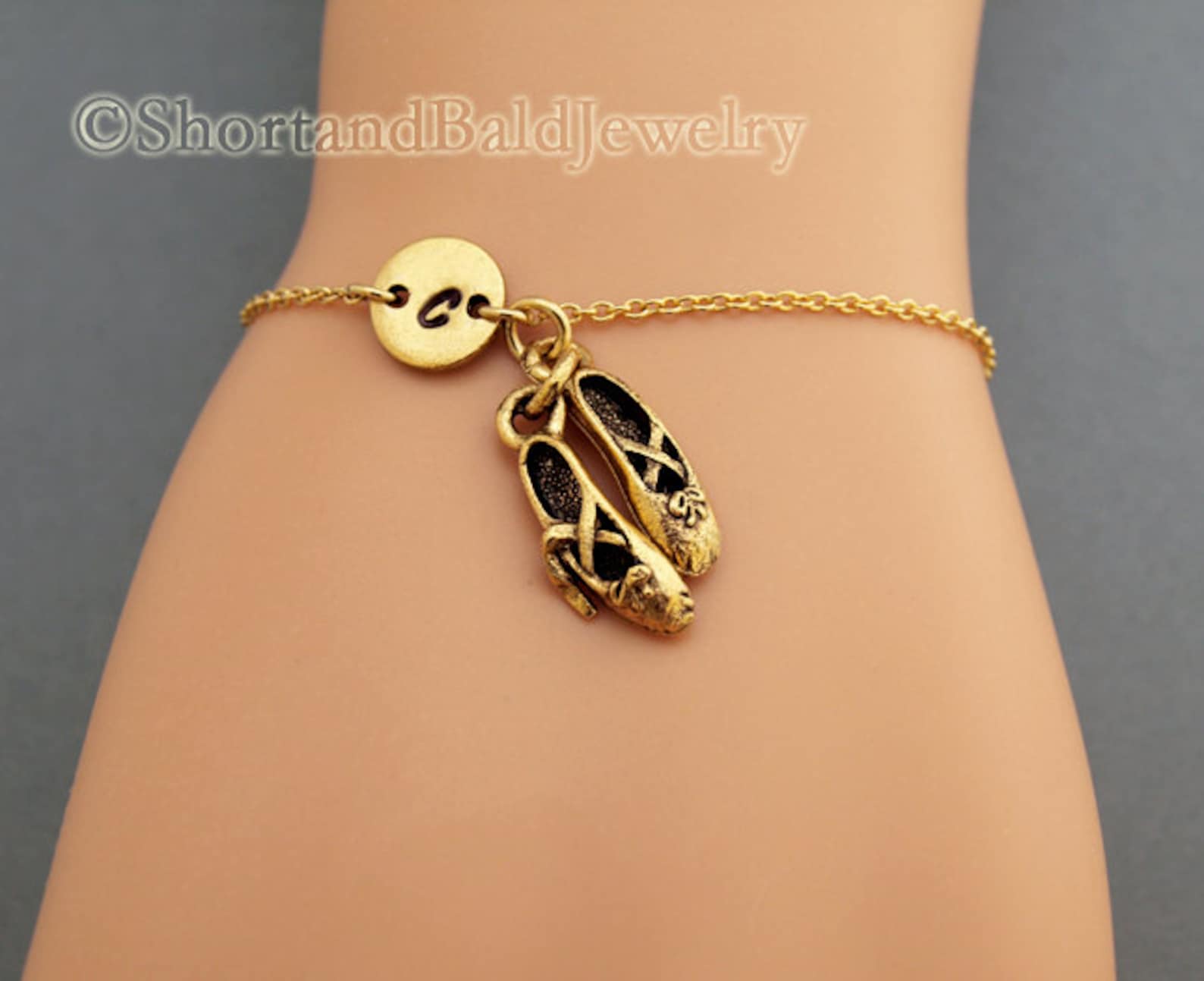 ballet shoes charm bracelet, ballet slippers, antique gold, initial bracelet, friendship, mothers, adjustable, monogram