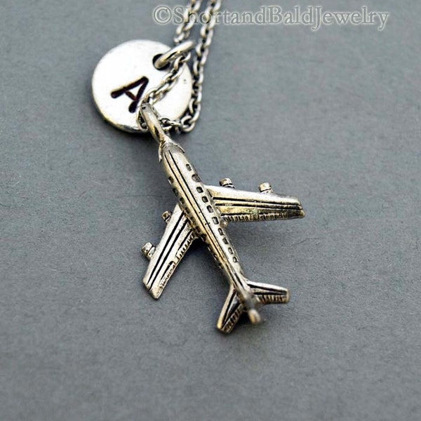 Airplane Necklace, Airplane charm, Jet necklace, plane charm, pilot charm, initial necklace, personalized, antique silver, monogram