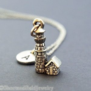 Lighthouse necklace, lighthouse charm, light house, silver lighthouse, initial necklace, personalized, antique silver, monogram