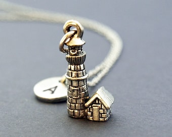 Lighthouse necklace, lighthouse charm, light house, silver lighthouse, initial necklace, personalized, antique silver, monogram