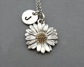 Daisy necklace, flower charm necklace, Daisy flower, antique silver, initial necklace, initial hand stamped, personalized, monogram