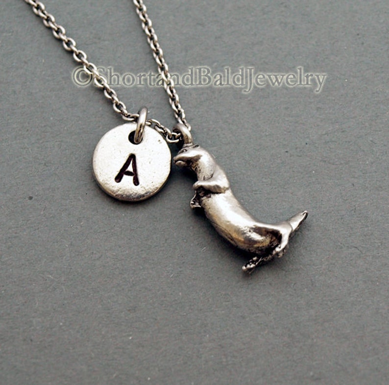 Otter charm necklace, sea otter, initial necklace, initial hand stamped, personalized, antique silver, monogram image 2