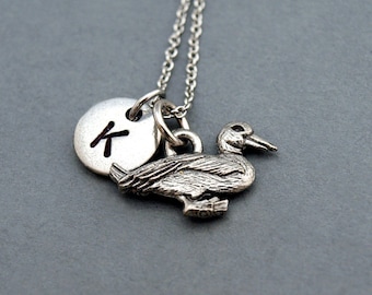 Duck necklace, Duck charm, initial necklace, initial hand stamped, personalized, antique silver, monogram