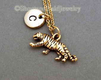 Tiger necklace, antique gold, initial necklace, initial hand stamped, personalized, monogram