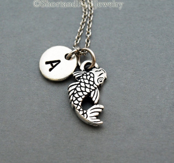 Koi Fish necklace, Koi ponds, nishikigoi, initial necklace, initial hand stamped, personalized, monogram