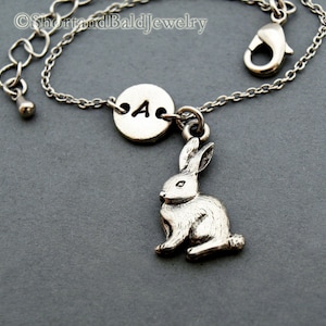 Rabbit charm bracelet, Easter bunny, antique silver, initial bracelet, friendship, mothers, adjustable, monogram