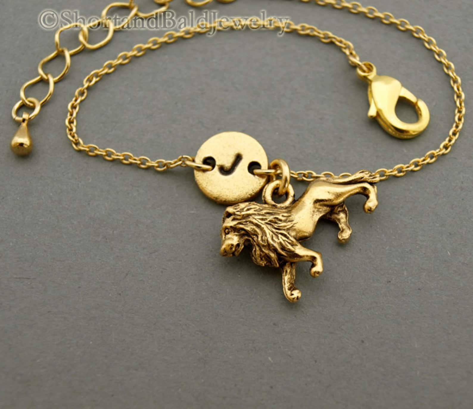 Lion Charm Bracelet Antique Gold Initial Bracelet Etsy