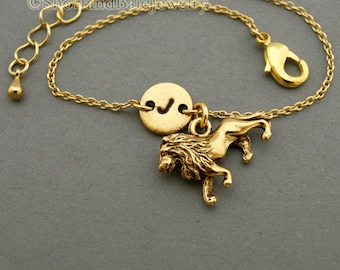 Lion charm bracelet, antique gold, initial bracelet, friendship, mothers, adjustable, monogram