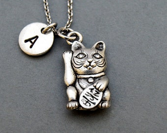 Maneki neko cat Necklace, Lucky cat of Japan Necklace, antique silver, initial necklace, personalized, monogram