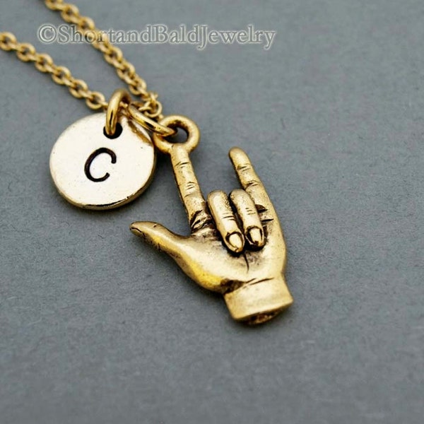 I love you sign language necklace, I love you  ASL necklace, Gold I love you sign charm ASL, initial necklace, personalized, monogram