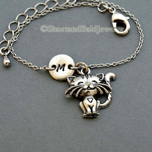 Cute Cat bracelet, Kitten, Kitty, antique silver, initial bracelet, friendship, mothers, adjustable, monogram