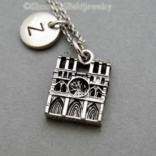 Notre Dame de Paris Necklace, Notre Dame Cathedral necklace, initial necklace, hand stamped, personalized, antique silver, monogram