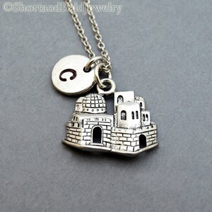 Jerusalem charm necklace, Jerusalem landscape, initial necklace, hand stamped, personalized, antique silver, monogram