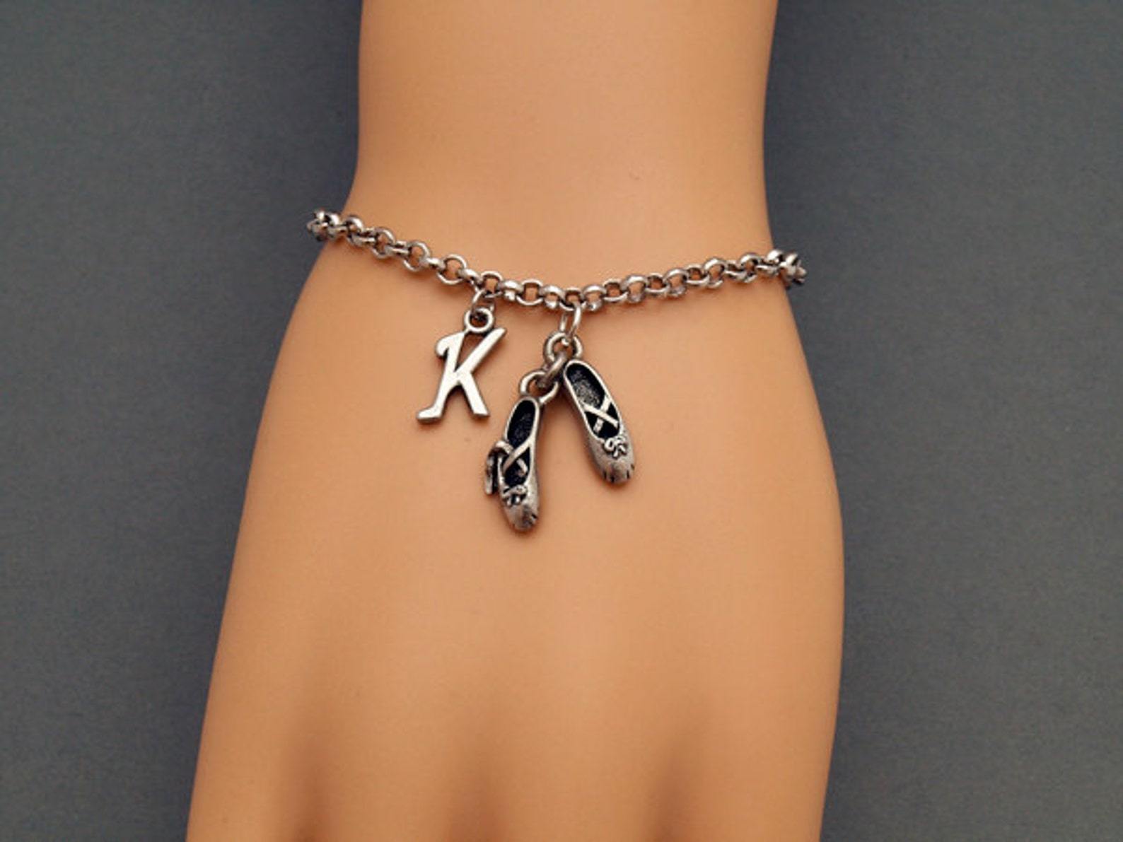 ballet shoes charm bracelet, ballet slippers, antique silver, initial bracelet, friendship, mothers, adjustable, monogram ballet shoes charm bracelet, ballet slippers, antique silver, initial bracelet, friendship, mothers, adjustable, monogram