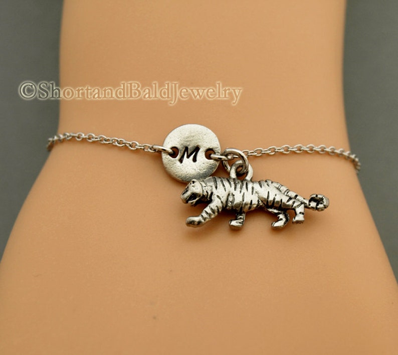 Tiger Charm Bracelet Antique Silver Initial Bracelet Etsy