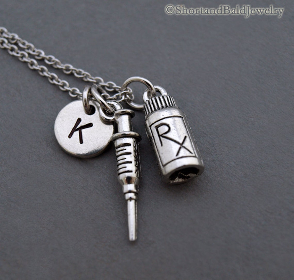 RX medicine bottle necklace Syringe necklace pill bottle RX Etsy