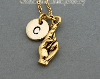 Fingers crossed sign language necklace, antique gold, initial necklace, initial hand stamped, personalized, monogram