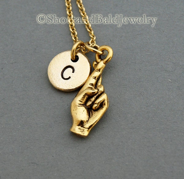 Fingers crossed sign language necklace, antique gold, initial necklace, initial hand stamped, personalized, monogram