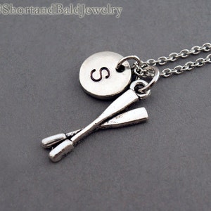Oars necklace, Oar charm, Rowing paddles, Boat paddles, antique silver, initial necklace, initial hand stamped, personalized, monogram