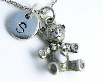 Teddy Bear charm, teddy bear necklace, Silver teddy bear, initial necklace, initial hand stamped, personalized, antique silver, monogram