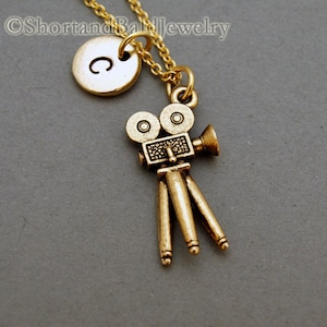 Movie Camera charm Necklace, film necklace, Movie necklace, antique gold, initial necklace, initial hand stamped, personalized, monogram