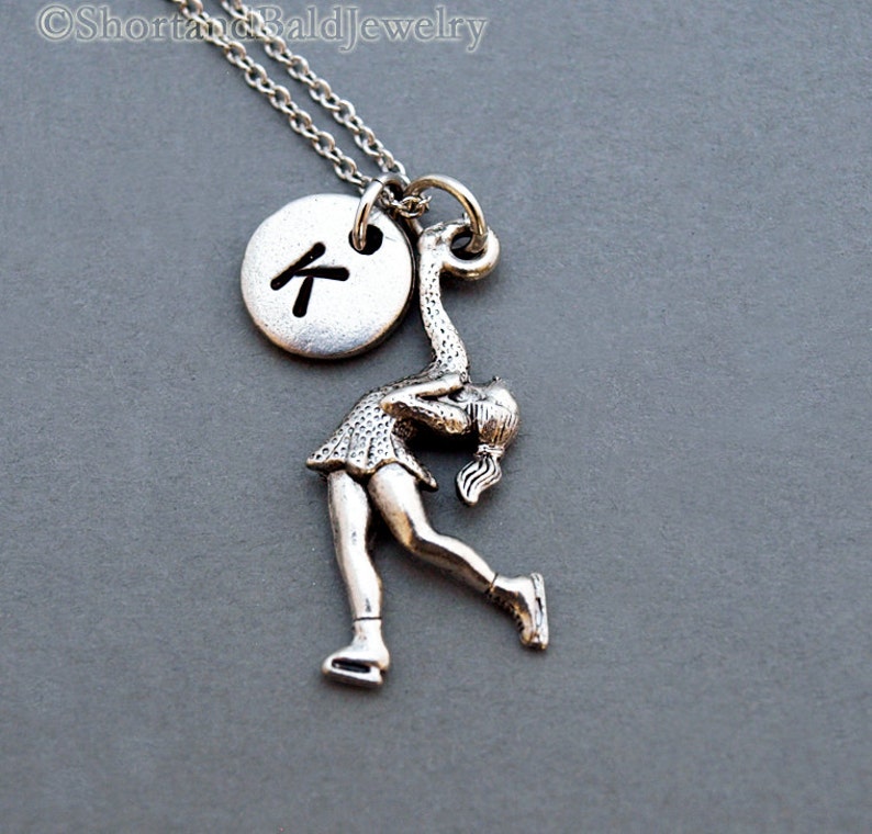 antique silver personalized monogram initial hand stamped figure skating initial necklace Ice Skating necklace figure skater