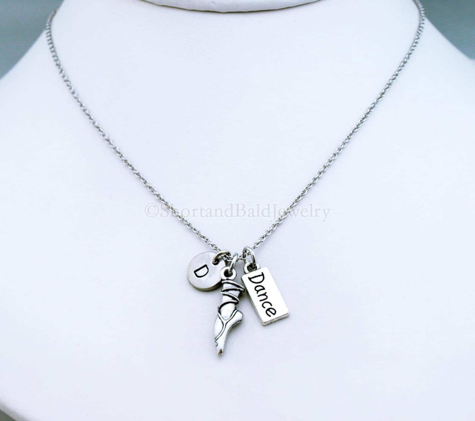 pointe charm necklace, ballet charm necklace, ballet shoe, ballet toe, ballet pointe, ballerina, dance charm, dancer, initial ne