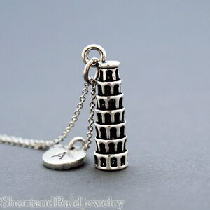 Leaning Tower of Pisa Charm Necklace, Pisa tower, initial necklace, initial hand stamped, personalized, antique silver, monogram