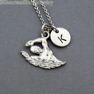 Swimming charm necklace, swim charm, swimmer necklace, antique silver, initial necklace, personalized, monogram