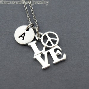 Love peace necklace, Love with peace sign, initial necklace, hand stamped, personalized, antique silver, monogram