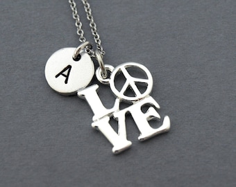 Love peace necklace, Love with peace sign, initial necklace, hand stamped, personalized, antique silver, monogram
